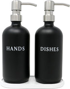 Black Glass Hand and Dish Soap Dispenser Set - Modern Farmhouse Sink Accessories - 16 oz Kitchen Sink Set With Tray, Stainless Pumps & Funnel