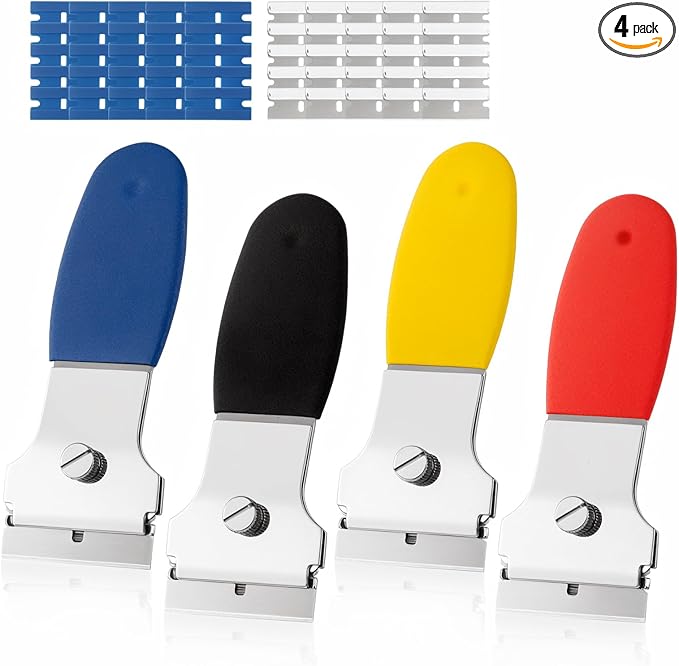 4 Pack Razor Blade Scraper, with 20 Metal & 20 Plastic Blades, Multi-Purpose Cleaning Remover Tool for Glass Caulk, Adhesive, Wall, Stovetop, Paint, Window, Sticker, Tile, Label Decals