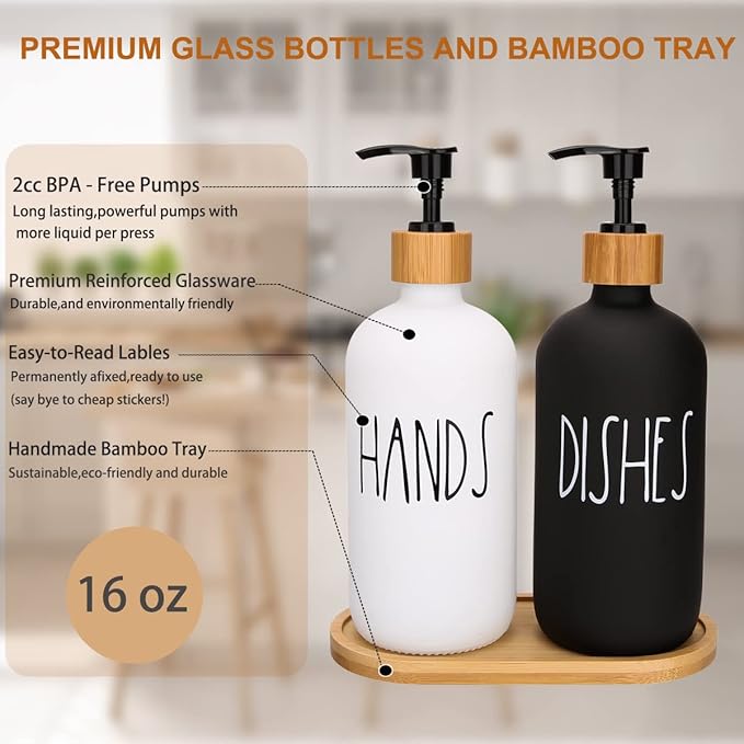 Hand and Dish Soap Dispenser Set for Kitchen Sink, Black and White Modern Farmhouse Decor, Kitchen Art Soap Holder (Black & White)