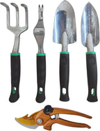 Gardening Tool Set Including Hand Trowel, Transplant Trowel, Cultivator Hand Rake, Pruning Shears and Weeder, Non-Slip Rubber Grip (5 pcs Green)