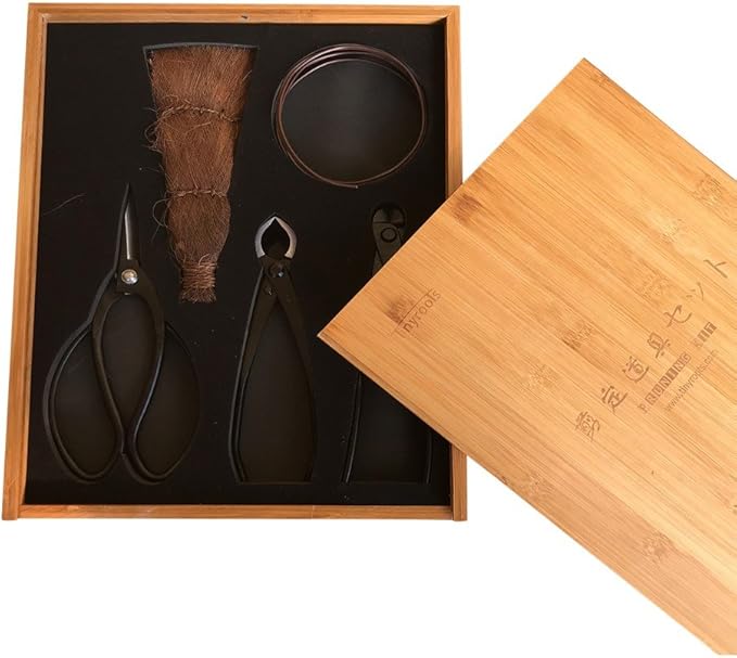 Tinyroots Bonsai Tools Kit, 5-Piece Set Includes: Traditional Butterfly Shaped Bonsai Shears, Concave Cutter, Wire Cutter, Genuine Hemp Broom, 2mm Bonsai Wire & Bamboo Storage Case