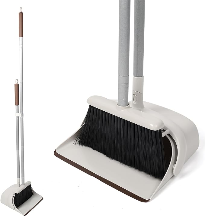 54" Long Handled Broom and Dustpan Set - Perfect Dust Pan and Brush Combo for Efficient Cleaning, Brown and White