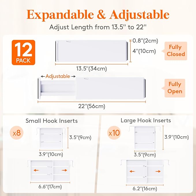 Lifewit 12 Pack Drawer Dividers 4" High, 13.5"-22" Adjustable Drawer Organizer with 18 Inserts for Clothes/Makeup, Plastic Expandable Separators in Dresser/Bedroom/Bathroom/Kitchen/Office