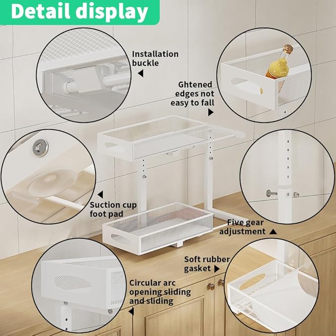 Under Sink Organizer, 2-Tier Pull Out Cabinet Organizer with Adjustable Height, Use in Kitchen Bathroom Cabinet and Countertop Storage, White