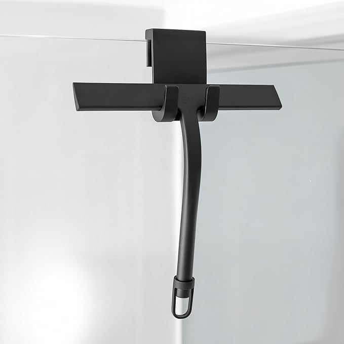 9 inch Squeegee Set with Over Wall Hanger, Suction Cup, and Hook, Glass Cleaning Squeegee for Shower Doors, Windows, Glass Doors, Bathrooms, Mirrors, Car Windshield - Matte Black