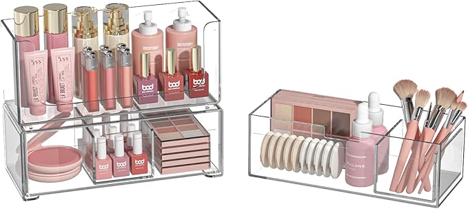 Stackable Storage Drawers Clear Plastic Storage Bins Bathroom Drawer Organizer Medicine Cabinet Organizer Makeup Organizers w Removable Divider Home Workspace Office Desktop Vanity Gift Idea 2Pack