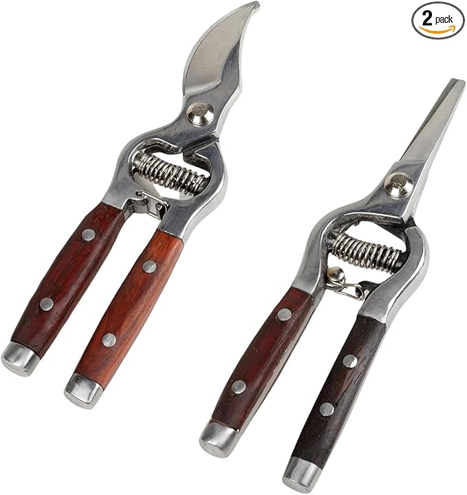 Garvee 2-Pack Wood & Steel Handle Bypass Pruning Shears for Gardening | Curved & Straight Garden Shears 8x20cm | Ultra Sharp Blades for Plants, Flowers & Light Branches | Essential Gardening Tools