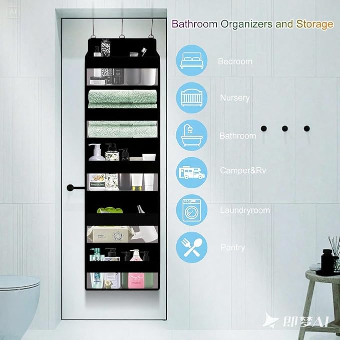 Over The Door Organizer Closet,5 Bins 10 Side Pockets,Hanging Organizer,Anti Tilt 44 lbs Load Door Organizers and Storage with Clear Window for Bedroom,Nursery,Rv,Bathroom,Camper(Pure Black)