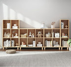 IOTXY Open Cube Low Bookcase - 3-Tier Freestanding Storage Display Cabinet Organizer with Legs for Home Office, 3-Cubes Open Shelf Short Bookshelf, Oak