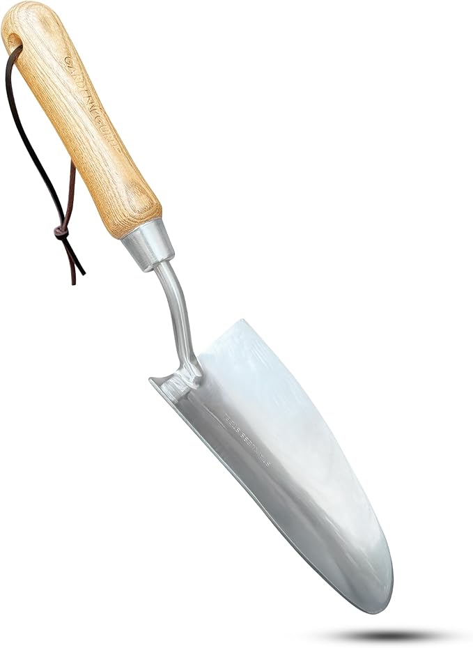 GARDEN GURU Eco Super Strong Garden Trowel with Ergonomic Wood Handle - 100% Recycled Stainless Steel - Rust Resistant - FSC Certified Wood - Perfect Tool for Gardening Weeding Transplanting & Digging