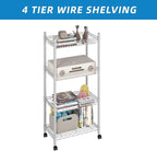 4 Tier Wire Shelving Wire Basket Shelf Storage Cart Adjustable Metal Shelf 2 Bottoms for Choose(Castor or Leveling Feet) for Office,Kitchen,Bedroom,Silver(23.23" L x 13.11" W x 49.21" H)