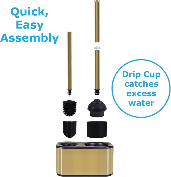 Blue Donuts Toilet Brush and Plunger Set with Holder, Sleek Minimalist Modern Gold Bathroom Accessories Toilet Plunger and Toilet Bowl Brush Combo