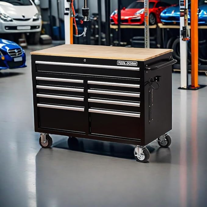Tool Chest Cabinet, Large Capacity Metal Tool Box with Wheels and Cylinder Locking, Roll Around Storage Organizer Tool Cart for Garage, Redtool cabinets on Wheels (Black, 9-Drawer-Wheel)