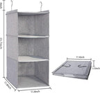 Hanging Closet Organizer, Easy Mount Collapsible 3-Shelf Camper Closet Wardrobe Hanging Storage Shelves, Folded Clothes Towels Handbag Shoes Accessories Storage, Linen Cloth, Gray