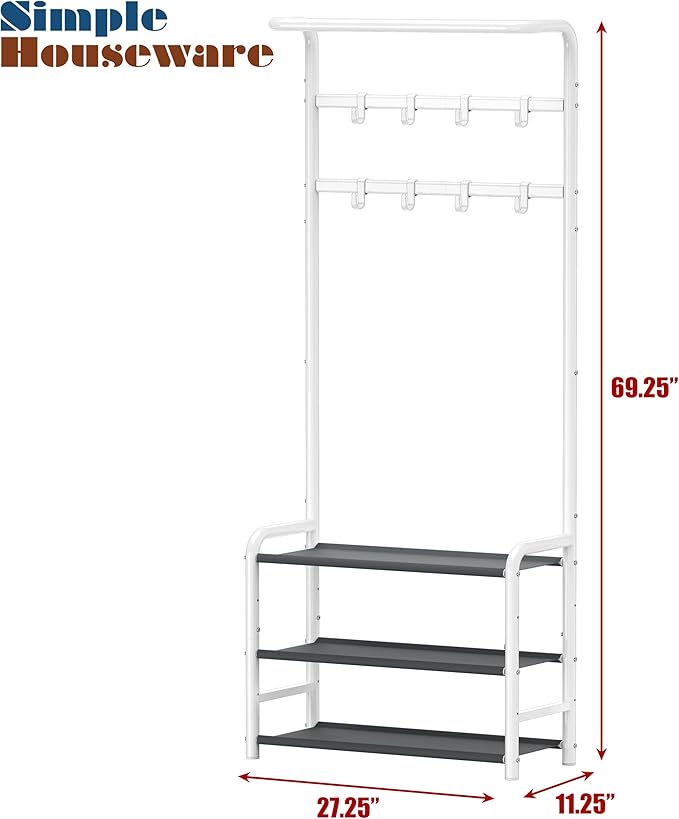 SIMPLE HOUSEWARE Space-Saving Coat Rack with Storage Shelf, Black Freestanding Hall Tree Organizer with Hooks for Entryway, Bedroom, Office, Coats, Hats, Jackets, Scarves - White