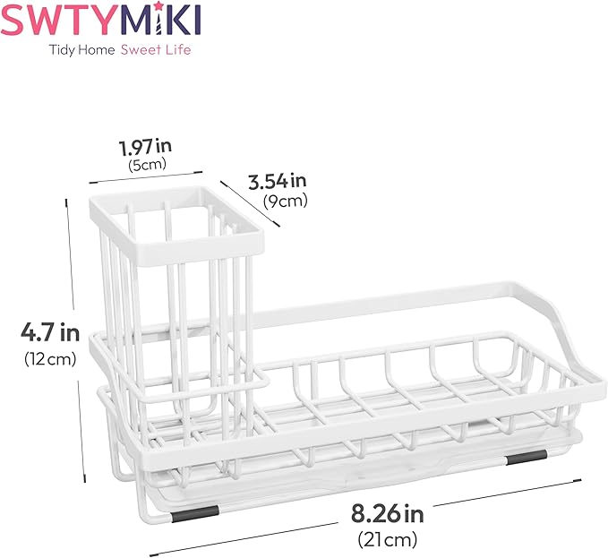 SWTYMIKI Sink Caddy Sponge Holder - Kitchen Sink Organizer with High Brush Holder for Countertop to Hold Dish Soaps and Sponges, Stainless Steel, White