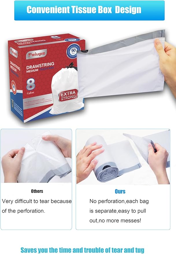 8 Gallon Drawstring Trash Bag Garbage Bag Trash Can Liner,90 Counts,0.74 Mil