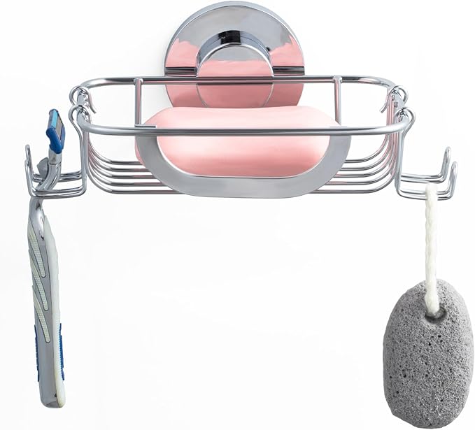 Soap Dish Soap Bar Holder Suction Cup with 4 Hooks, Stainless Steel Soap Saver Tray for Shower Wall, Bathroom, Kitchen, Rustproof No Drilling Bar Soap Holder, Silver