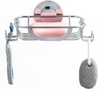 Soap Dish Soap Bar Holder Suction Cup with 4 Hooks, Stainless Steel Soap Saver Tray for Shower Wall, Bathroom, Kitchen, Rustproof No Drilling Bar Soap Holder, Silver