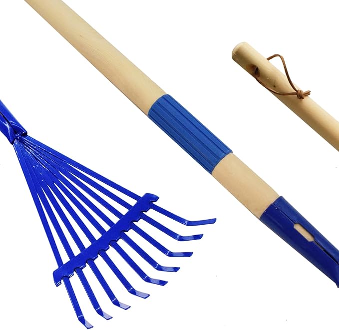 Kids Leaf Rake-Small Wooden Handle Leaf Rake with Metal Tines, 27inches /69cm Length, for Kids Enjoy Garden Cleaning Activities (Blue)