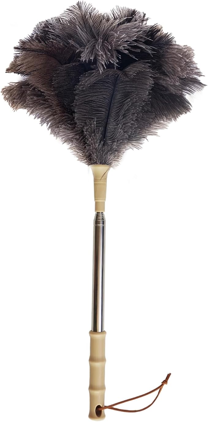 Aldwin Ostrich Feather Duster with Extension Pole Up to 43 inch, Genuine Fluffy Natural Reusable Handheld Feather Dusters for Cleaning Supplies, Washable, Car, Office, Desk, Blinds
