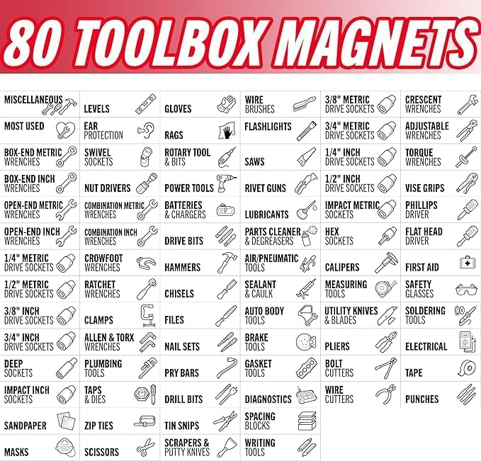 Toolbox Organization Magnetic Labels-80 Large Tool Chest Organizer Labels-Strong Magnets-Fits All Brands of Steel Tool Box Drawers(White 3.125x1.0 in)