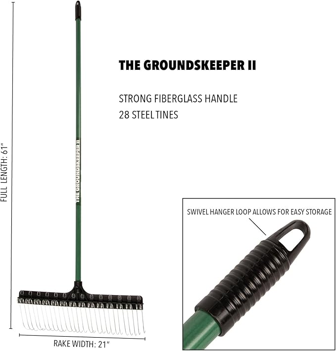THE GROUNDSKEEPER II Green Rake 55-inch Lightweight Fiberglass Handle, 21-inch Head, Durable Steel Tines for Gardening, De-Thatching or Professional Landscaping