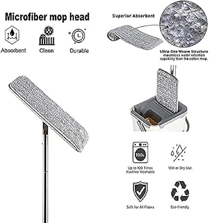 Heavy Quality Floor Mop with Bucket, Flexible Kitchen Tap Flat Squeeze Cleaning Supplies, 360° Flexible Quiet, 2 Reusable Pads, Microfiber, Adjustment Office Mop (Multicolour)