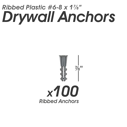 Qualihome Drywall Anchors Premium Quality Ribbed Lightweight Plastic Anchors for Hollow Walls – Wall Hanging Anchor Kit for Pictures, Artwork & Light Duty Anchoring Application (#6-8 x 7/8")
