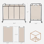 STORAGE MANIAC Laundry Sorter 4 Section, 47.8 Gal (181 L) Laundry Hamper with Wheels, Clothes Divider Basket Sorter, Clothes Separator Hamper Cart with Wheels and Removable Bags, Beige