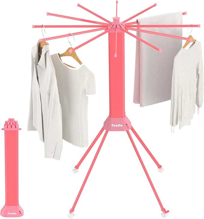 Clothes Drying Rack Foldable & Collapsible Drying Racks with 4-Leg Octopus Design, Large Capacity Space Saving Indoor Drying Rack for Bedroom,Balcony,Laundry for Indoor/Outdoor Use（Pink）