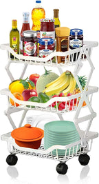 Kitchen Storage Cart, Foldable Rolling Organizer with Wheels White 3 Tiers Compact Shelf for Pantry, Bathroom, Bedroom, 14.17" L x 10.71" W x 21" H