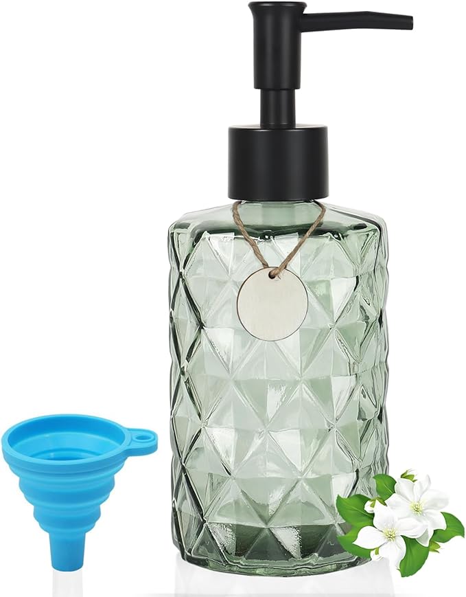 Green Glass Soap Dispenser with Black Plastic Pump, 12oz Clear Crystal Refillable Liquid Hand Soap Dispenser, Diamond Design Lotion Dispensers for Hand Soap, Soap, Lotion
