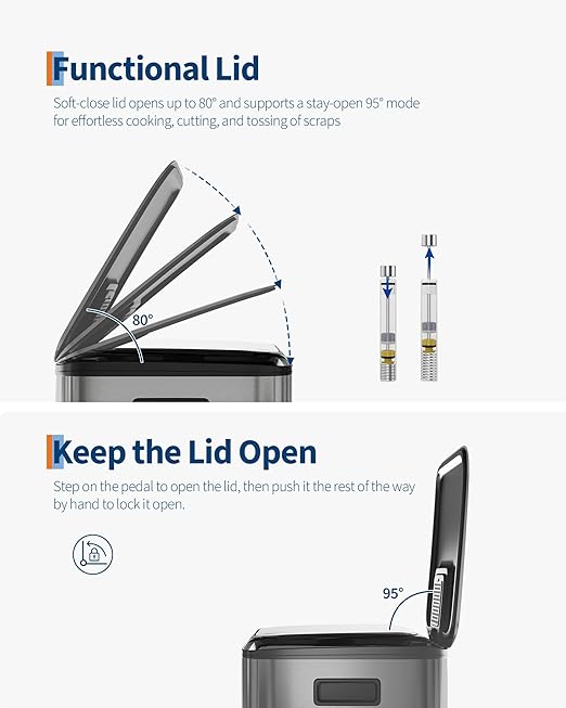 GarveeHome 2 x 10.6 gal Stainless Steel Double Trash Can with Lid for Kitchen, Large Dual Trash and Recycle Bin Combo, Step-on Kitchen Metal Garbage Cans, PP Inner Buckets, Liner Rim, Matte Grey