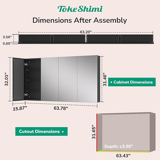 TokeShimi 64x32 Bathroom Medicine Cabinet with Mirror Tempered, Aluminum Black Mirrored Medicine Cabinet Recessed or Surface Mount with Adjustable Storage Metal for Modern Farmhouse