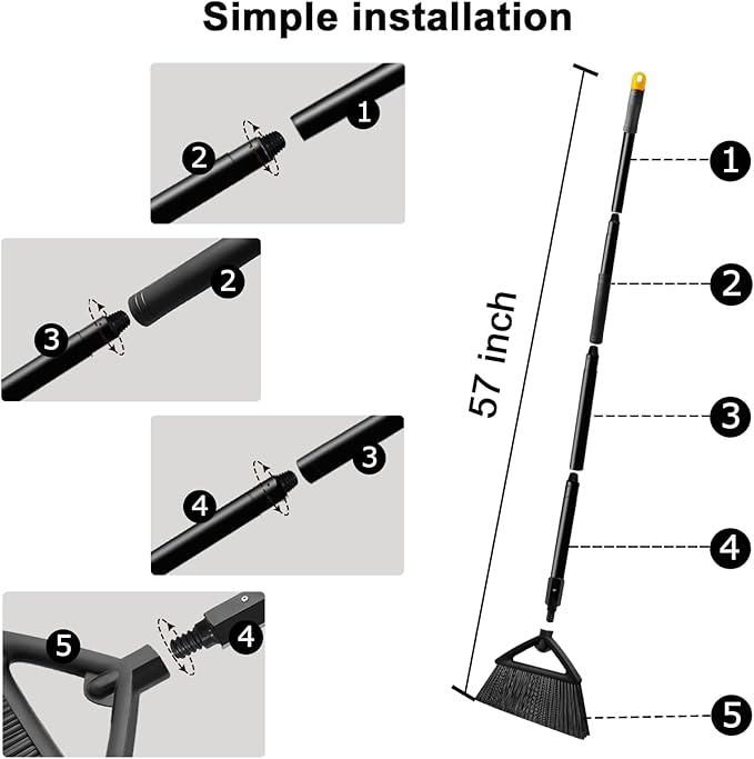 2PCS Heavy Duty Angle Broom, Long Pole Brooms for Indoor, Outdoor Sweeping, Kitchen to Courtyard, Black