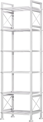GIOTORENT Pantry Storage Shelves, 6-Tier Metal Storage Rack with X-Shaped Side Frame, Heavy-Duty Wire Shelf for Kitchen, Bathroom, Laundry Room, 120lb/Layer, White Standing Shelves