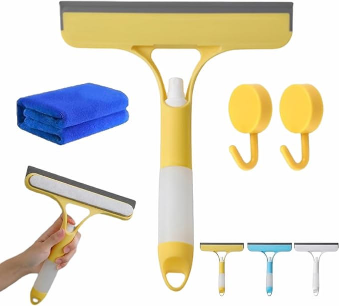 3 in 1 Window Cleaning Scraper, Window Squeegee with Spray 3 in 1 Glass Cleaner Squeegee and Scrubber with Spray for Car Home Kitchen （Yellow）