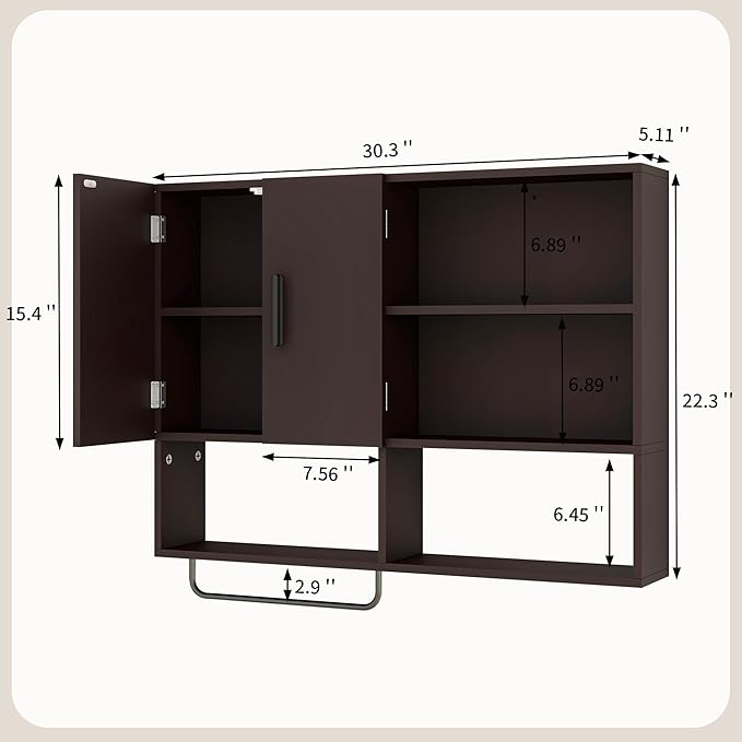 Wooden Bathroom Organizers, Over The Toilet Storage Cabinet with 2 Doors, Adjustable Shelves & Towel Bar, Wall Mounted Medicine Cabinet for Kitchen & Laundry, Espresso