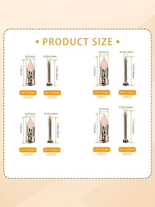 Self Drilling Drywall Anchors with Screws Kit 200PCS - 2 Sizes Sheetrock Anchors & 4 Sizes Screw Sizes New Upgraded Zinc Plated Steel No Drill or Holes in Wall for TV, Wall Hanging, Cabinets