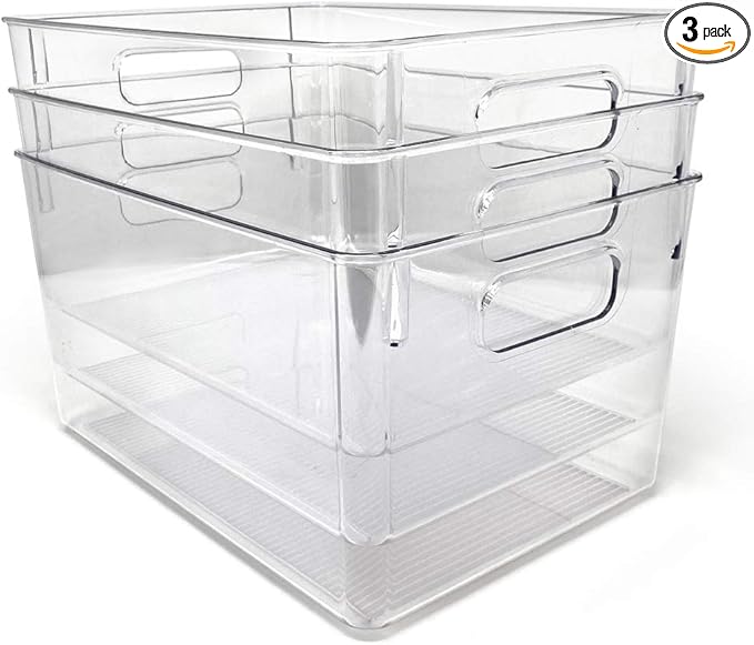Isaac Jacobs 3-Pack Large Clear Storage Bins with Handles, Plastic Organizer for Home, Room, Office, Fridge, Kitchen/Pantry Non-Slip Container Set, Food Safe, BPA Free (3-Pack, Large)