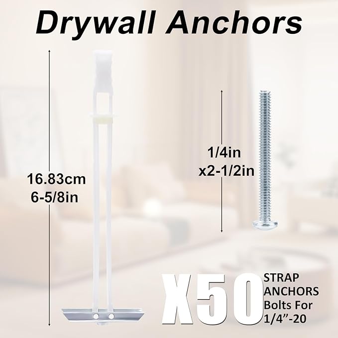 Heavy Duty Drywall Anchor Bolts with 1/4"-20 Fastener Suitable for TV Mounting Hollow Wall Anchor Bolt Screw Kit Supports Up to 270 lbs Each on 1/2 Inch Drywall Pack of 50