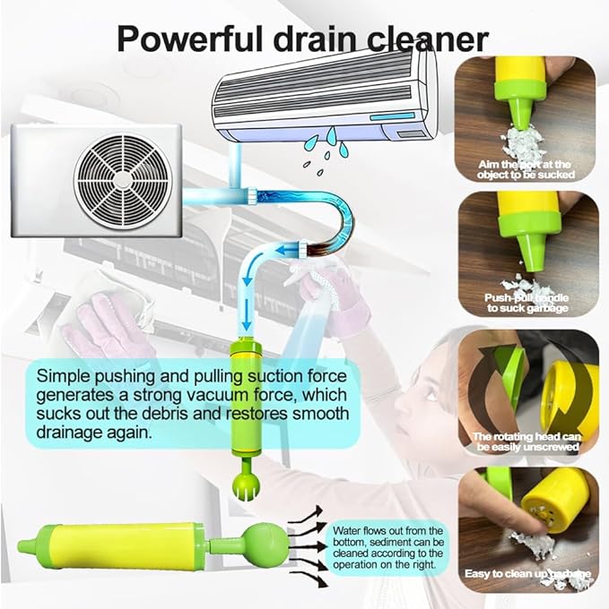 Air Conditioner Drain Line Cleaner Tool Kit, Powerful Ac Drain Cleaner with 118 Inch Flexible Pipe Brush & Drain pipe water filling tool for AC, Washer, Fridge, Car Ac Drain Hole Unclog and Clean