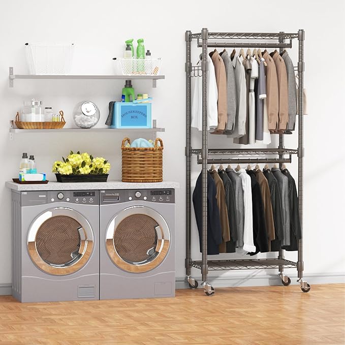 BATHWA Clothes Rack Rolling Narrow 2 tier Garment Rack for Hanging Clothes， Space Saving Portable Clothing Rack with Wheels and Double Rods 8 Hangers, Adjustable, Gray
