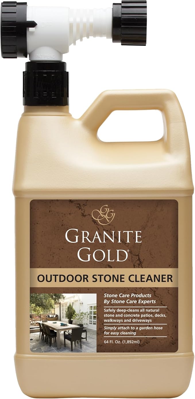 Granite Gold Outdoor Stone & Concrete Cleaner, Deep Cleans Patios, Decks, Driveways, & Walkways, Safe for Plants, Pets, & Home Exteriors, Garden Hose Attachment Included for Easy Cleaning, 64 Fl Oz