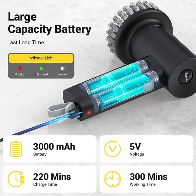 Electric Spin Scrubber, 3000 mAh Cordless Power Scrubber with 8 Replaceable Heads, Dual Speed Lightweight Handheld Scrubber for Cleaning Stove/Bowl/Sink/Corner/Tile/Grout (Black)