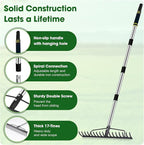 Heavy Duty Garden Rake for Leaves - 17 Tine Metal Head & Adjustable Stainless Steel Handle, 17" Wide 5.58FT Yard Rake for Shrub Leveling/Grass Care