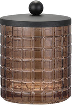 Amber Colored Tranlucent Apothecary Etched Geometric Grid Glass Jar W/Matte Black Metal Lid for Bathroom Organization, Cotton Balls, Q Tips, and Small Accessories, Bathroom Storage