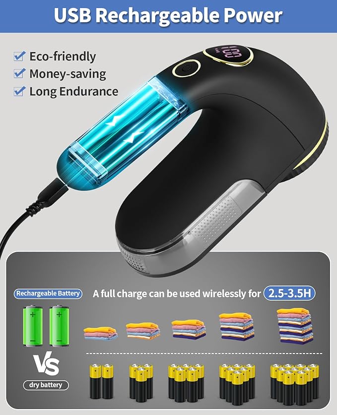 Fabric Shaver, Electric Lint Remover Rechargeable with LED Display, 6-Leaves Blades, 3-Speeds Adjustment, Sweater Shaver to Remove Fuzz, Lint, Pills for Clothes and Furniture, Black