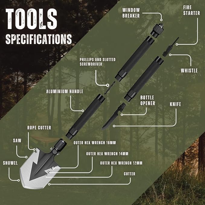 Folding Camping Shovel - Portable Survival Military Tool with Multi-Function Gear for Emergency & Adventure - Collapsible Shovel for Outdoor Camping & Hiking